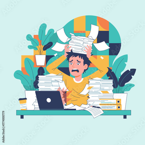 Stressed worker overwhelmed by huge piles of paperwork and deadlines in the office Burnout concept