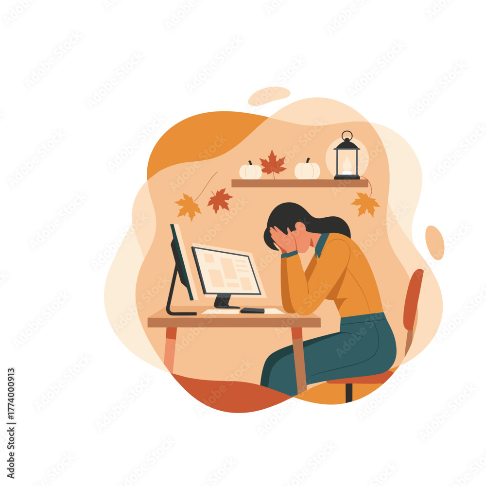 Fototapeta premium Stressed woman covering face at work desk suffering burnout during autumn Mental fatigue and overwhelming pressure