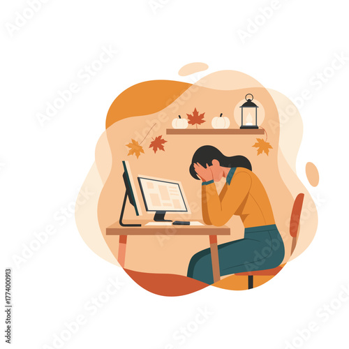 Stressed woman covering face at work desk suffering burnout during autumn Mental fatigue and overwhelming pressure