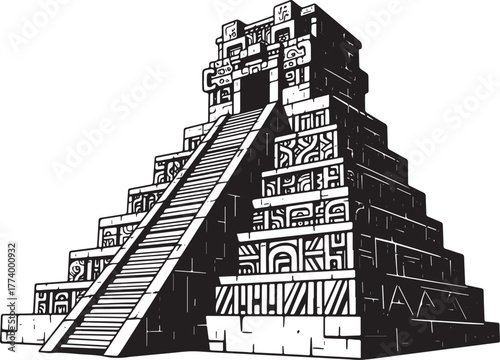 Monumental illustration of a Mesoamerican pyramid in tribal tatt