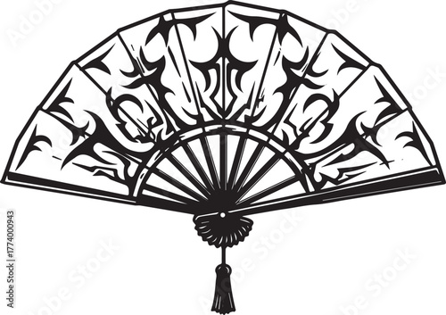 Elegant Hand Fan Depicting Intricate Tribal Motifs and Artistic