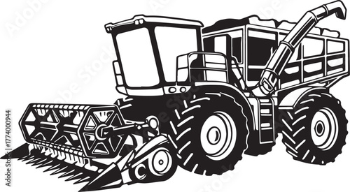 Detailed vector illustration of a farm harvester in black and wh