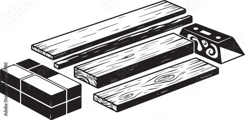 Stylized Black and White Illustration of Wood Planks and Buildin