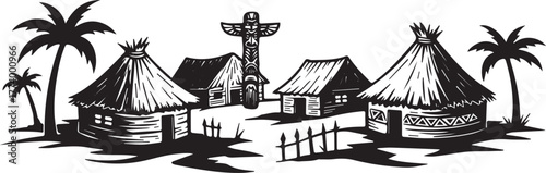 Monochrome illustration of a tribal village with huts, totem pol