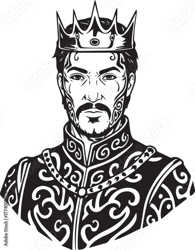 Monochrome illustration of a regal sovereign with ornate tribal