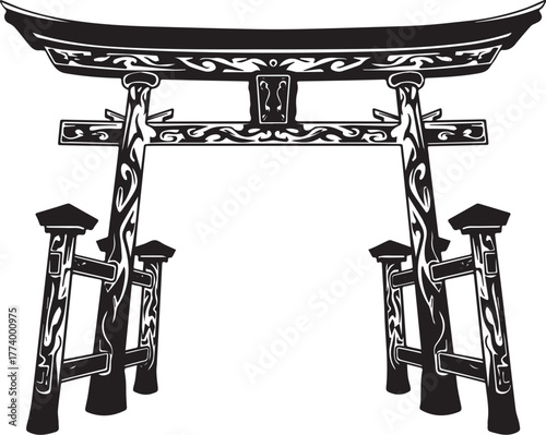 Stylized Tori Gate with Tribal Tattoo Art Elements on an Isolate