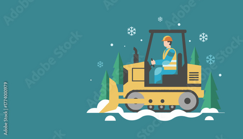 Operator driving a bulldozer clearing snow in a winter forest Heavy machinery illustration