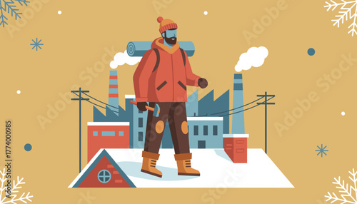 Rugged worker walks through a snowy industrial town carrying an axe and backpack Winter vector illustration