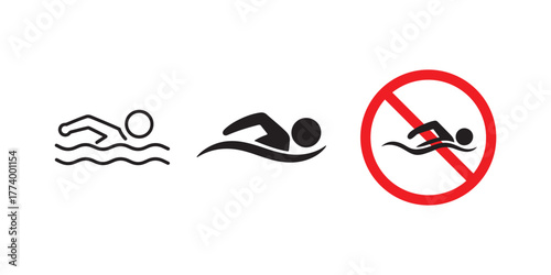  swimming and no swimming signs. swimming and prohibition sign for no swimming icons reflecting swimming facility for hotel, athlete, race, sport, exercise, activity, bathe etc concept. vector. 
