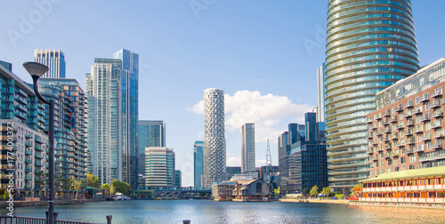 London, Millwall dock at sunset, panoramic view with residential skyscrapers. 2025
