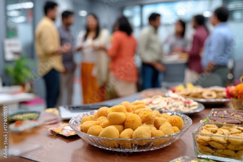 Indian office workers celebrating diwali with traditional sweets