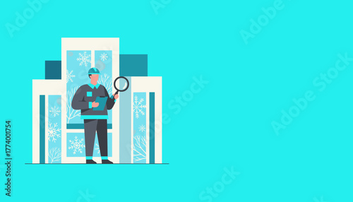Worker inspecting windows for winter maintenance holding clipboard and magnifying glass