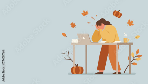 Autumn burnout Stressed woman overwhelmed by work and deadlines at her desk