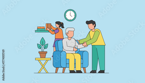 Caregivers supporting an elderly man in a domestic setting Intergenerational family help