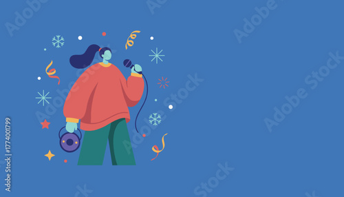 Woman singing karaoke holding microphone and speaker Winter holiday party concept illustration