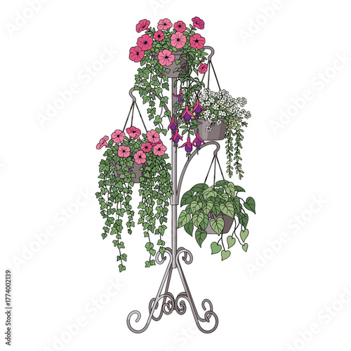 Potted flowers in hanging planters on decorative metal stand  