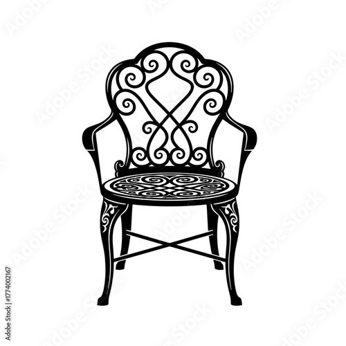 Ornate metal garden chair in black silhouette design  