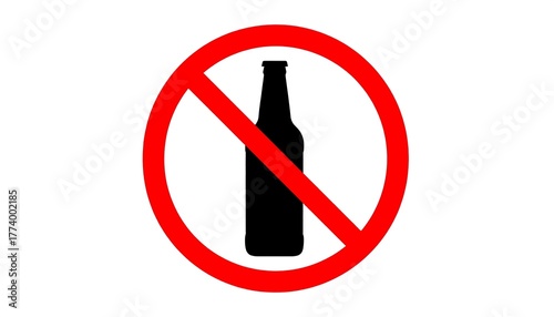 Black bottle silhouette inside red circle with diagonal slash, symbolizing prohibition of alcohol.