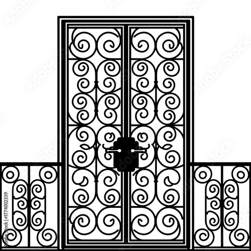 Ornate black wrought iron gate with decorative patterns and locks  