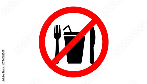 Black fork, knife, and cup with straw inside red circle with diagonal slash, symbolizing prohibition of eating and drinking.