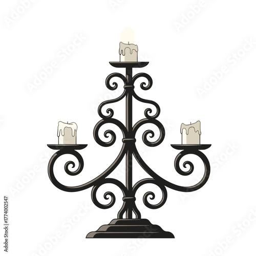 Ornate black candelabra with three candles and dripping wax  
