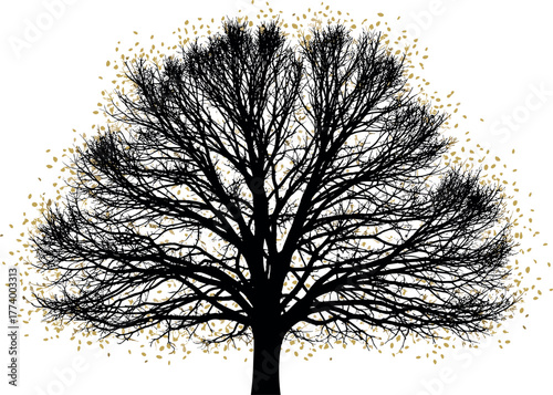 Abstract tree silhouette against a backdrop of golden particles, depicting nature's art