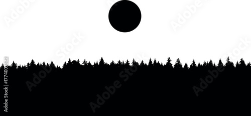 Minimalist illustration of a black circle hovering above a silhouetted forest under a white sky