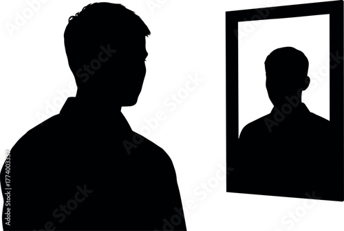 Man looking in mirror and seeing his own silhouette in reflection