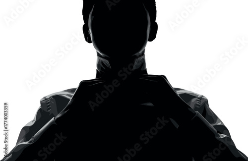 Dark shadowy figure of a person in a contemplative pose, isolated on a white background for concepts of anonymity and mystery