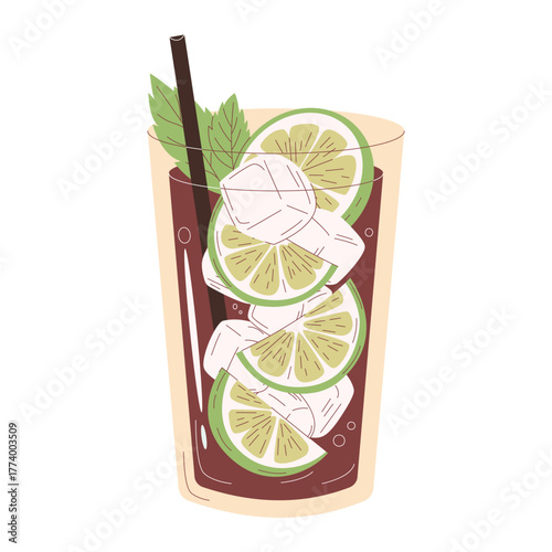 Classic Cuba Libre vector illustration. Rum and cola highball cocktail with lime slices, ice cubes, mint leaves, served with a straw in a modern hand drawn flat style, perfect for menu
