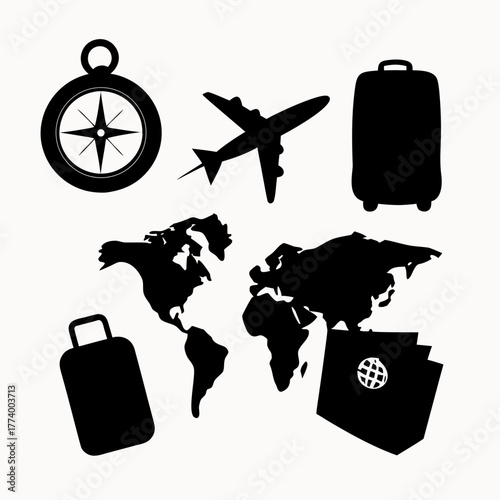 Black and white travel themed graphic featuring compass airplane suitcases world map and passport documents