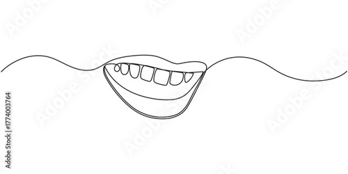 minimalist continuous one line drawing illustration of a realistic mouth smiling, Lips outline icon continuous one line drawing minimalist style isolated illustration