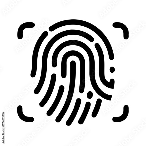 A black fingerprint icon with a square frame around it indicating scanning or identification process on white