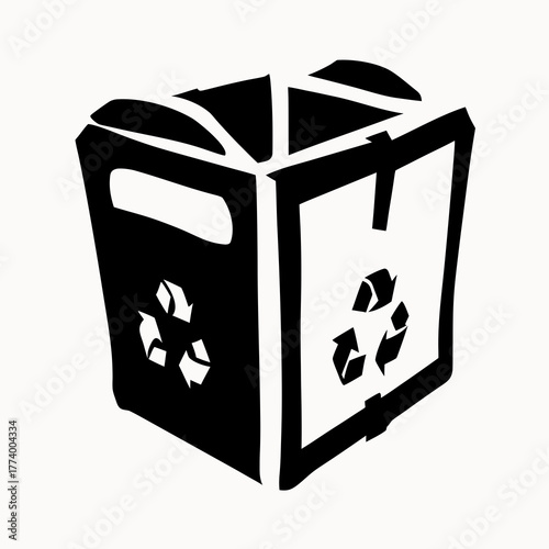 Illustration of a black and white recycling bin with the recycling symbol on the side panels shown