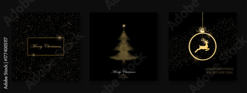 Pack of festive greeting cards with Christmas  ball, dear, christmas tree on black background. Holiday pattern. Vector illustratio