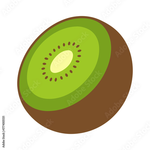 A vibrant illustration of a freshly cut kiwi fruit showing its green flesh and tiny black seeds