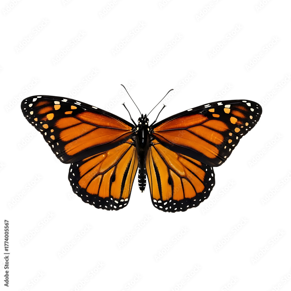 Fototapeta premium A monarch butterfly with orange and black wings displayed against a stark black background in a studio shot
