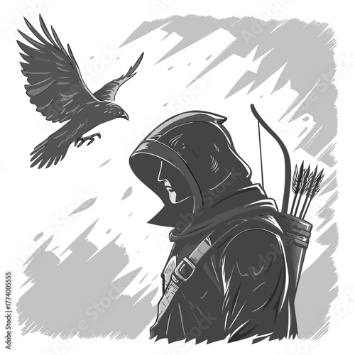 Dark Fantasy Ranger or Rogue Profile with Bow, Arrows, and Flying Bird - Vector Art
