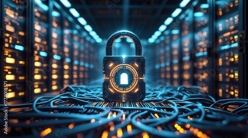 Stock illustration of a shining metal lock and key on a door, a symbol of technology and future business equipment