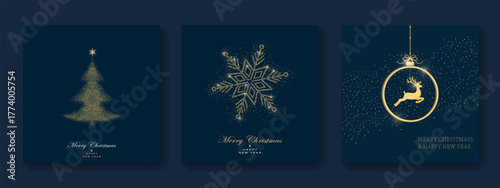 Pack of festive greeting cards with Christmas  ball, dear, christmas tree and snowflake on dark green background. Holiday pattern. Vector illustratio