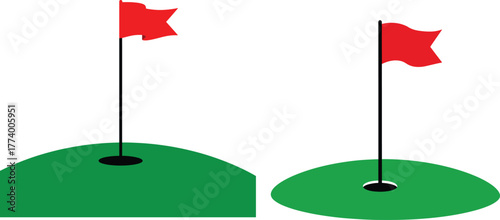 Two golf holes with red flags on green mounds isolated on transparent background silhouette