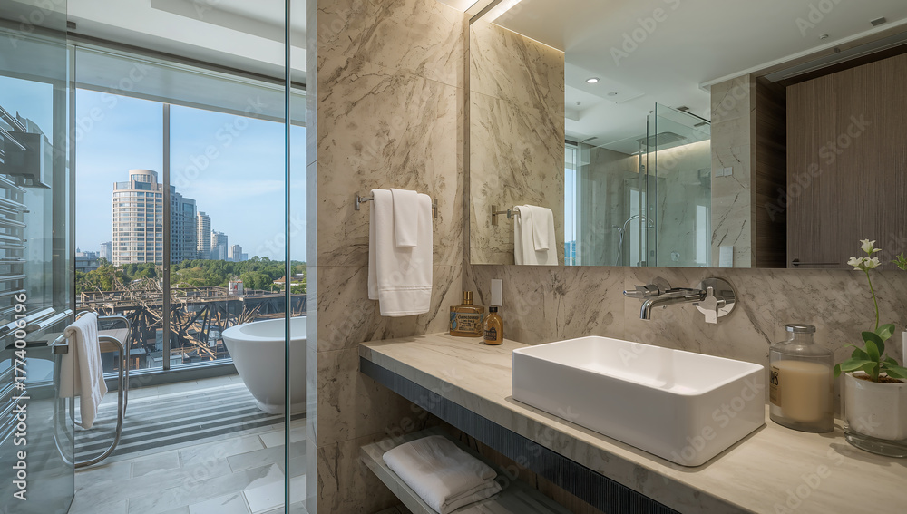 Fototapeta premium Stylish Bathroom with Marble Finishes and City View
