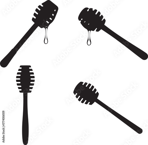 Four black silhouette honey dippers with dripping honey isolated on transparent background
