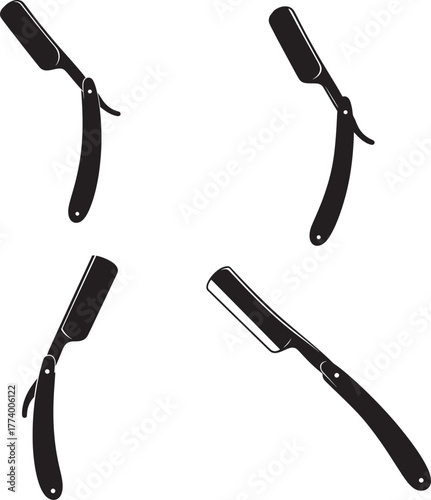 Four vintage straight razor silhouettes in different positions isolated on transparent background
