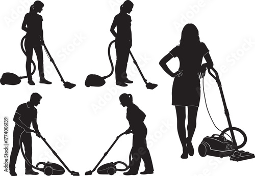 Collection of five distinct silhouette figures of people vacuuming with upright and canister vacuums isolated on transparent background