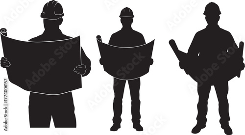 Three construction workers or architects in silhouette holding and reviewing blueprints on a transparent background isolated on transparent background
