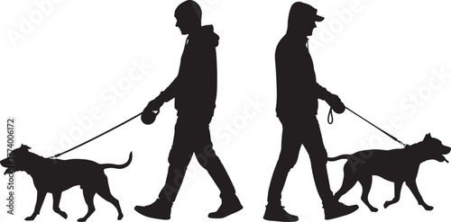 Two people walking dogs on leashes in silhouette isolated on transparent background