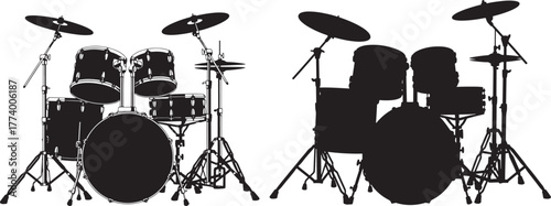 Two black drum set silhouettes with cymbals and stands isolated on transparent background