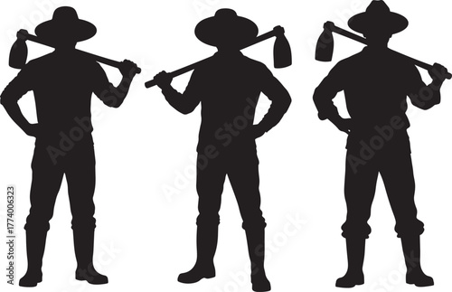 Three farmer silhouettes in black each holding a hoe over their shoulders isolated on transparent background