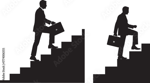 Two business professionals in silhouette climbing stairs with briefcases isolated on transparent background